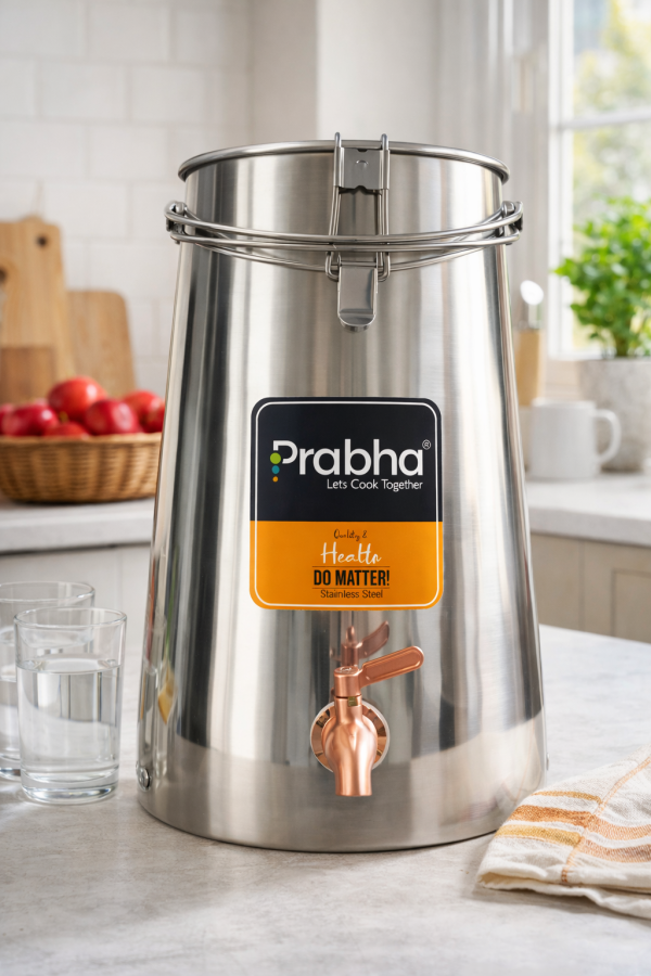 Prabha Tapered Stainless Steel Water Pot – Plain Finish – Traditional Drinking Water Storage