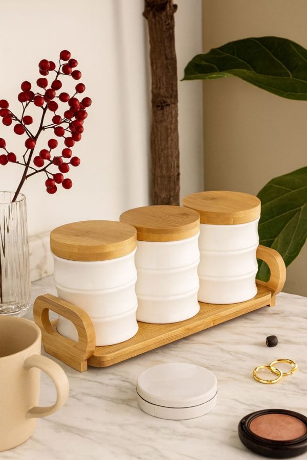 White Gold Storage Jar Set with Bamboo Stand  –   3 – Piece Kitchen Container Set  –  WG – 401