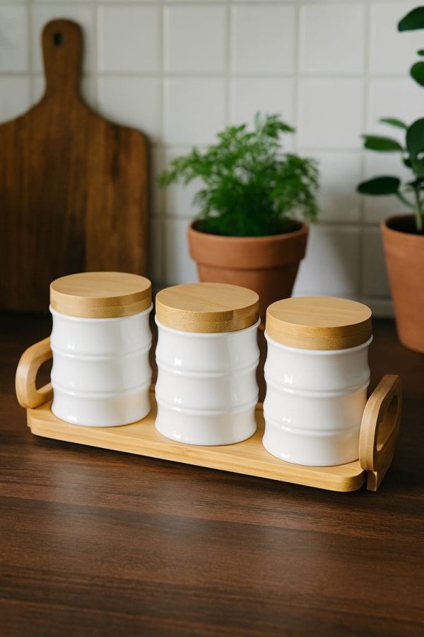 White Gold Storage Jar Set with Bamboo Stand  –   3 – Piece Kitchen Container Set  –  WG – 401