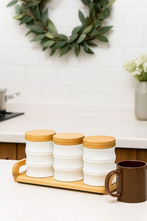 White Gold Storage Jar Set with Bamboo Stand  –   3 – Piece Kitchen Container Set  –  WG – 401