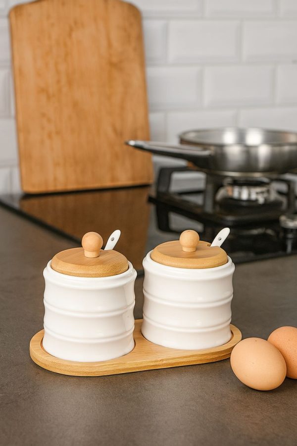 White Gold Pickle Jar Set with Bamboo Stand – 2 Pieces   –   Decorative Kitchen Storage Containers  –  WG – 402