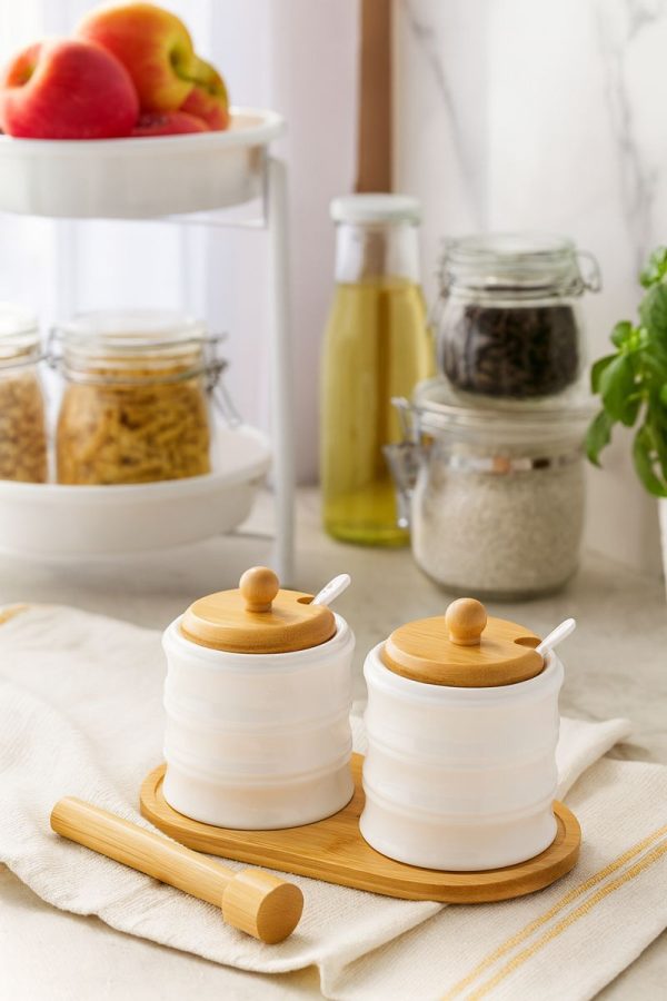 White Gold Pickle Jar Set with Bamboo Stand – 2 Pieces   –   Decorative Kitchen Storage Containers  –  WG – 402
