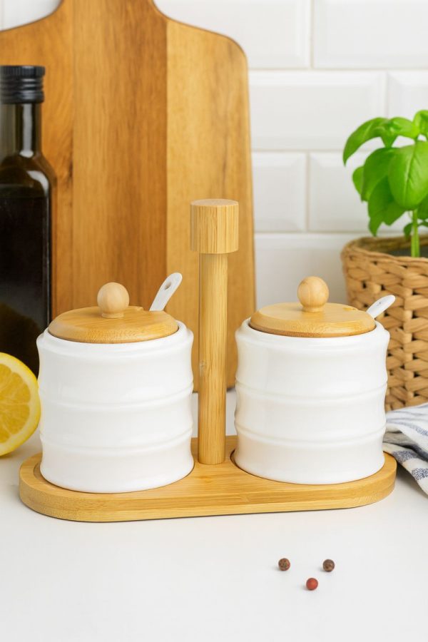 White Gold Pickle Jar Set with Bamboo Stand – 2 Pieces   –   Decorative Kitchen Storage Containers  –  WG – 402