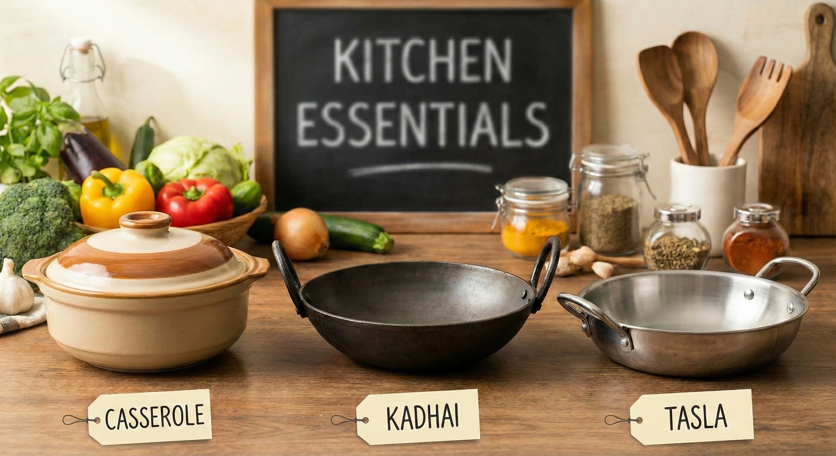 generate a image for the blog topic: Casserole vs Kadhai vs Tasla: Which One You Actually Need in Your Kitchen